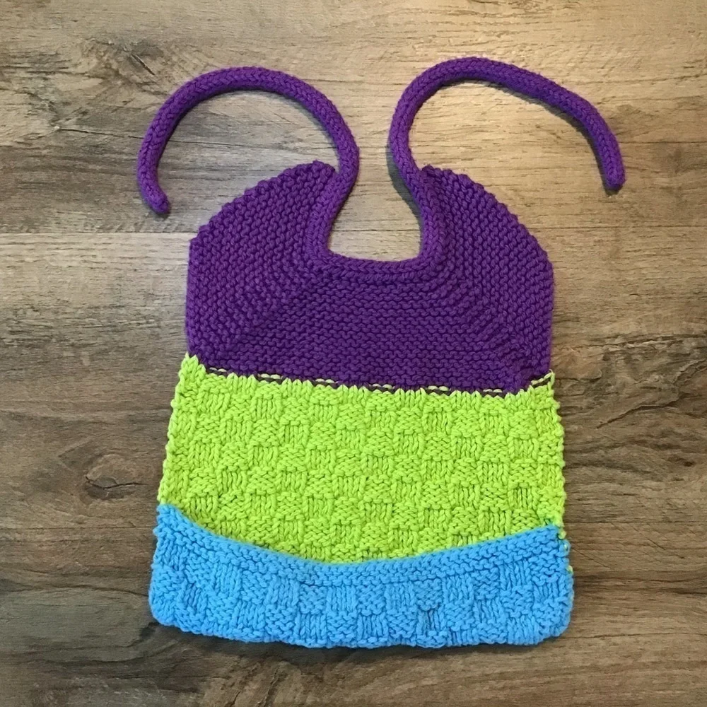 VINTAGE Handmade Knitted Baby Bib Purple Green Blue 80’s 90’s